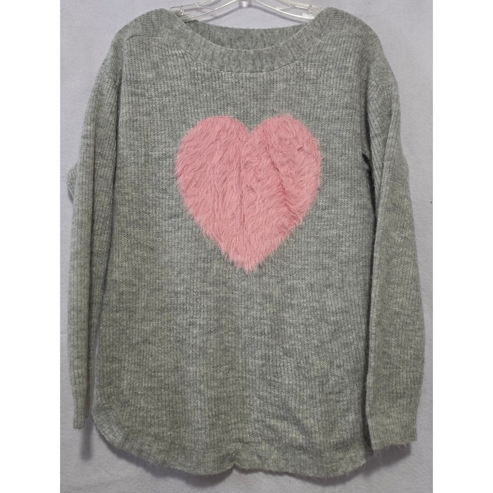 Cloth & Portrait Gray Knit Sweater Pink Faux Fur Heart Crew Neck Med